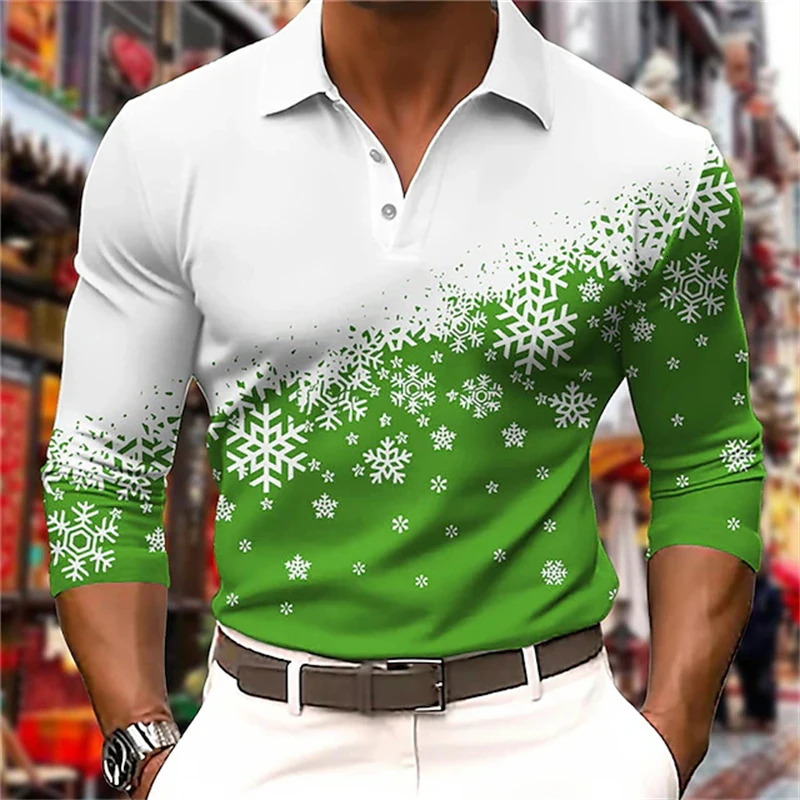 Mens Polo Shirt Golf Shirt 3D Printed Snowflake Graphic Top Christmas Street Long Sleeve Button Mens Polo Clothing 250103