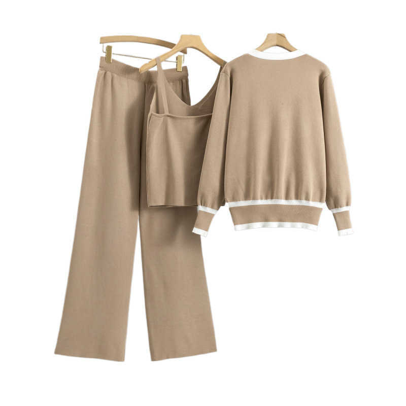 2024 Spring and Autumn New Womens European Collection Trendy Knitted Cardigan Strap Wide Leg Pants 3-piece Set