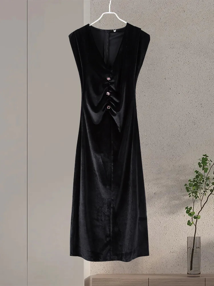 Elegant Velvet Long Dress Womens V-neck Sleeveless High Waist Shoulder Pads Dress Womens 2025 Fashion Evening Vent Dress Womens 250103