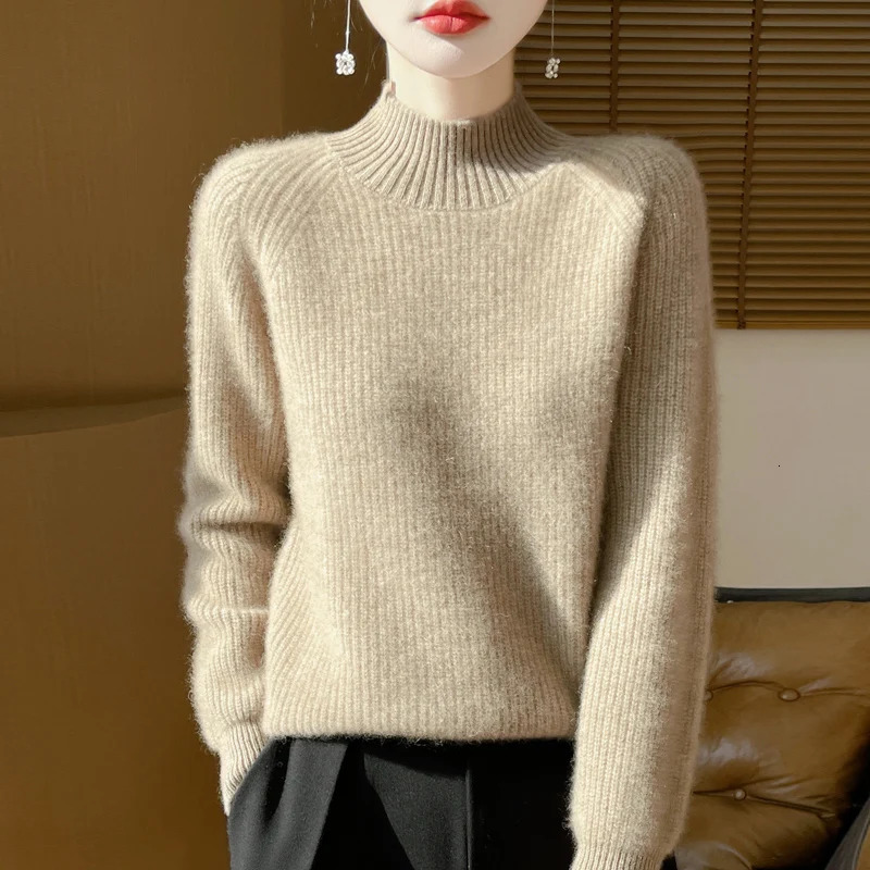 Autumn and winter 100% pure wool womens semihigh neck pullover European loose padded knit bottoming shirt 250103