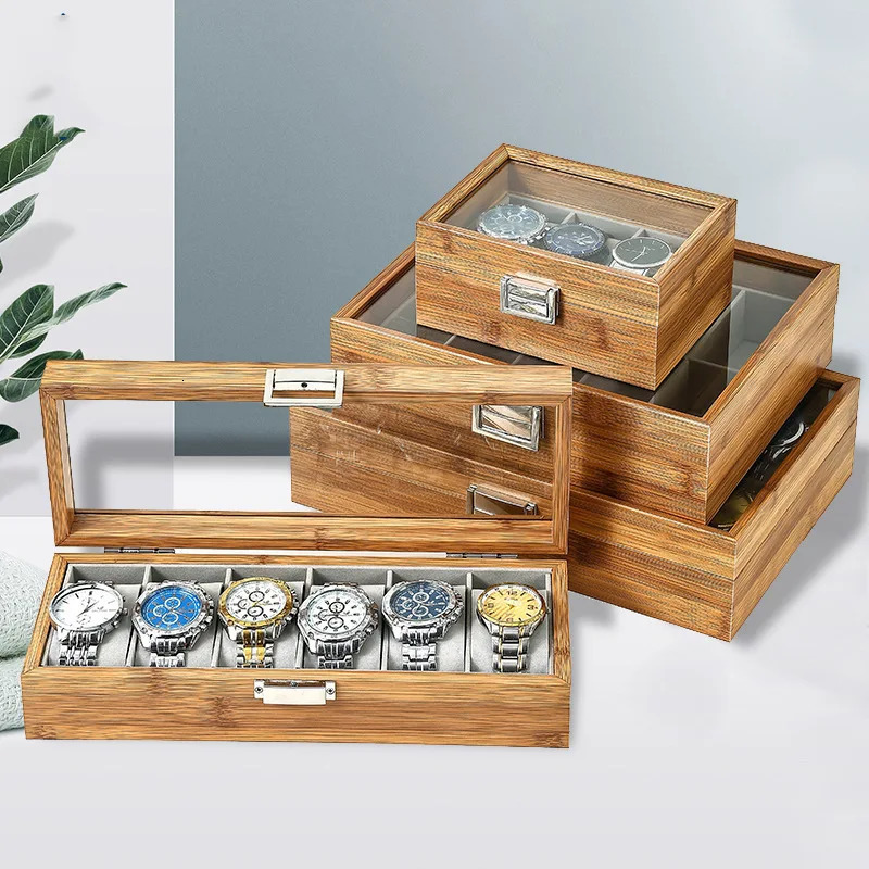 Classic bamboo case with glass cover jewelry dustproof storage box watch collection box desktop organizer 250102