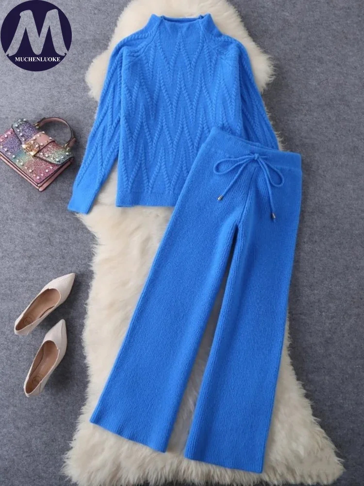 Womens 2-piece set autumn/winter Korean fashion O-neck knitted sweater top casual loose lace upper wide leg pants set 241230