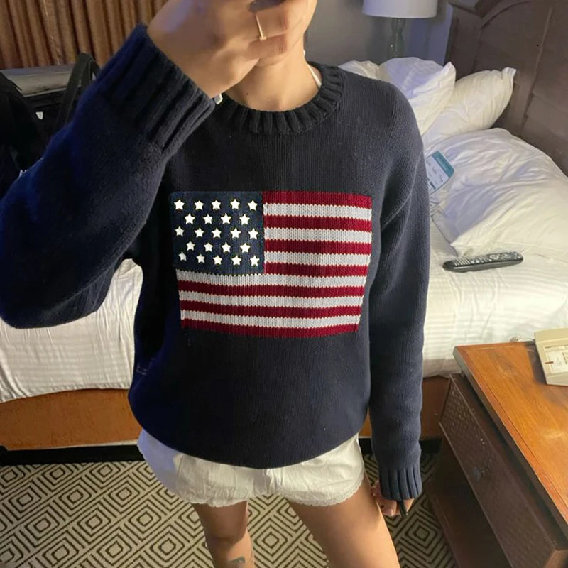 Rapcopter y2k Flag Print Sweaters Loose O Neck Full Sleeve Jumpers Autumn Winter Harajuku Casual Knitwear Pullovers Vintage 90s 250103
