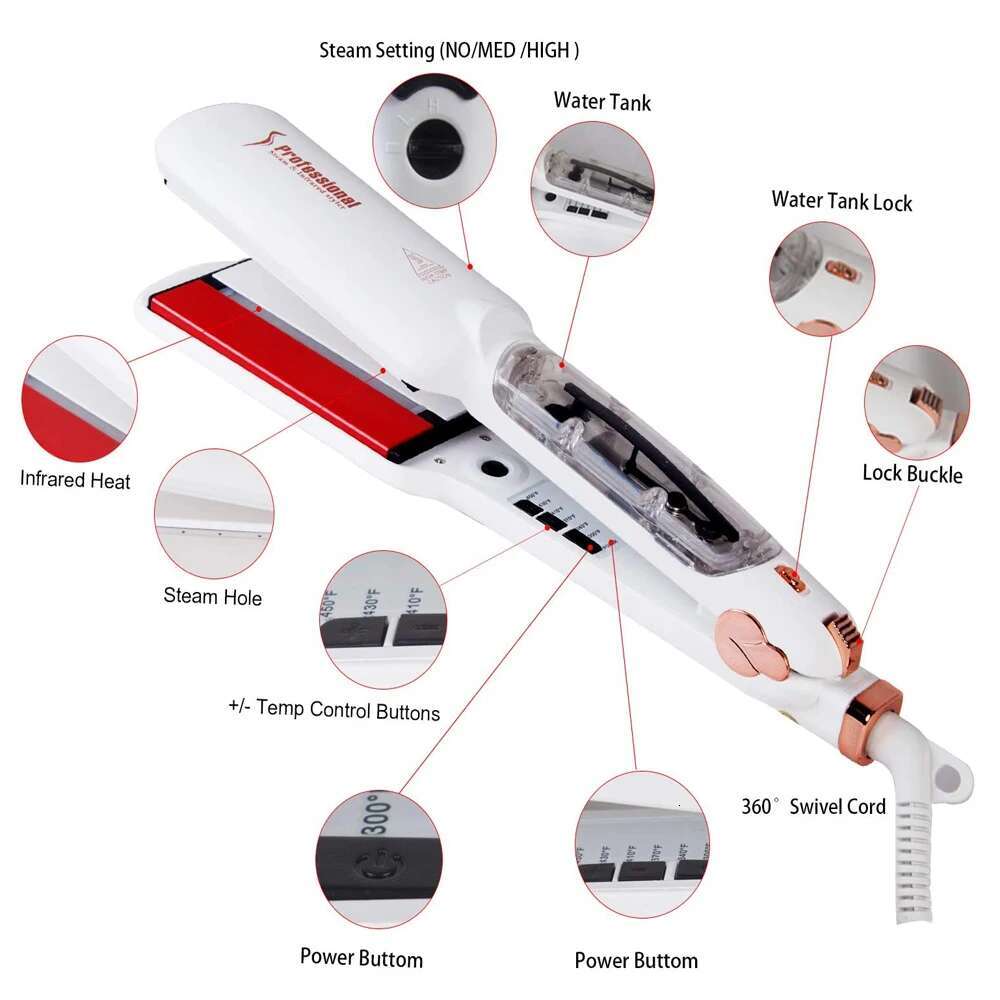 Infrared Steam Hair Straightener 450°F Ceramic 2 Inches Vapor Spray Care Flat Iron Professional Keratin Treatment Salon Tools