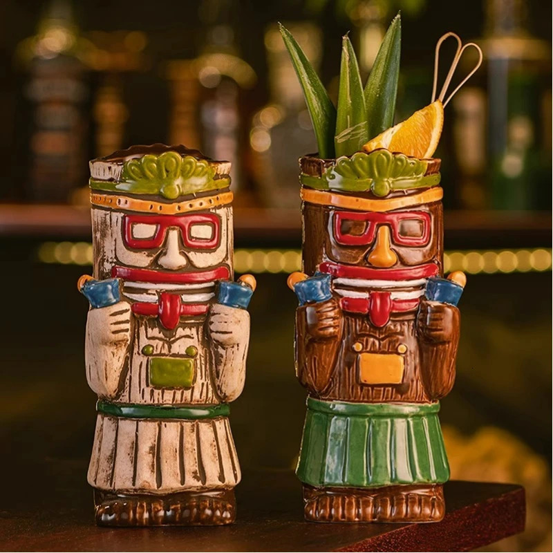 Hawaiian Style Brown Tiki Mug Creative Cocktail Mug Cup Zombie Ceramic Tiki Mug Drinkware Cup Mug For Tiki Bar Party 250106