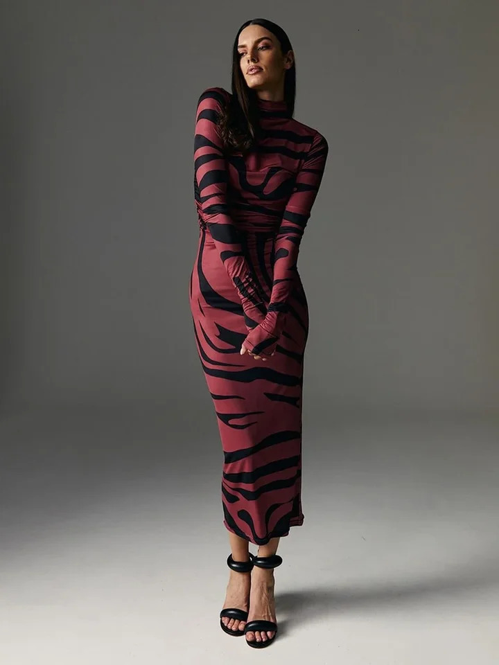 Leopard Printed Female Maxi Dress Skinny Long Sleeve Sexy High Waist Fashion Summer Streetwear Womens 250103