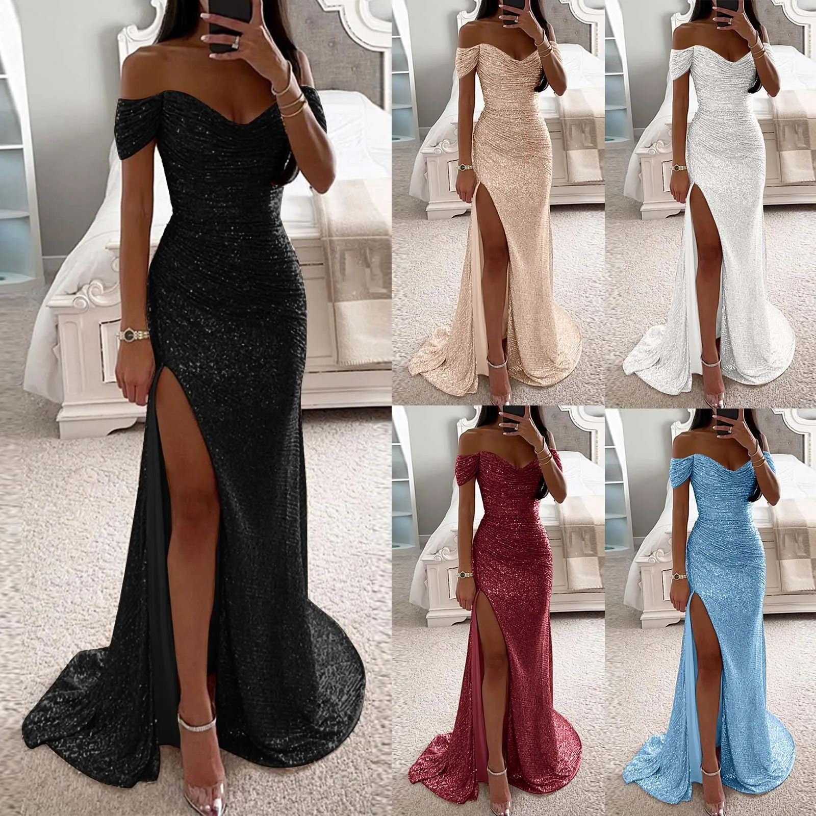 Chic and Elegant Women Evening Maxi Dresses 2024 OffShoulder Sequin Mermaid Prom Formal Gowns For Party Split Night Dress 250103