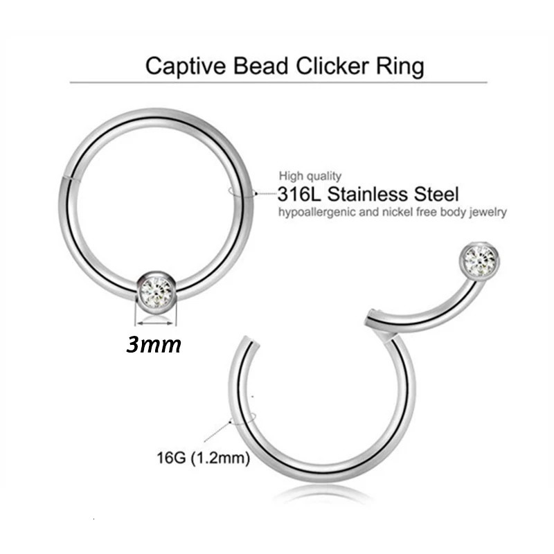 1Pc G23 Captive Bead Clicker Ring Gems Seamless Hinged Segment Ring Clicker Cartilage Nose/Lip Hoop Rings Septum 16G 250103