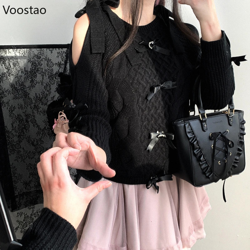Vintage Sweet Lolita Style Knitted Pullover Autumn Winter Women Cute Off Shoulder Bow Sweater Girls Harajuku Y2k Knitwear Tops 250103