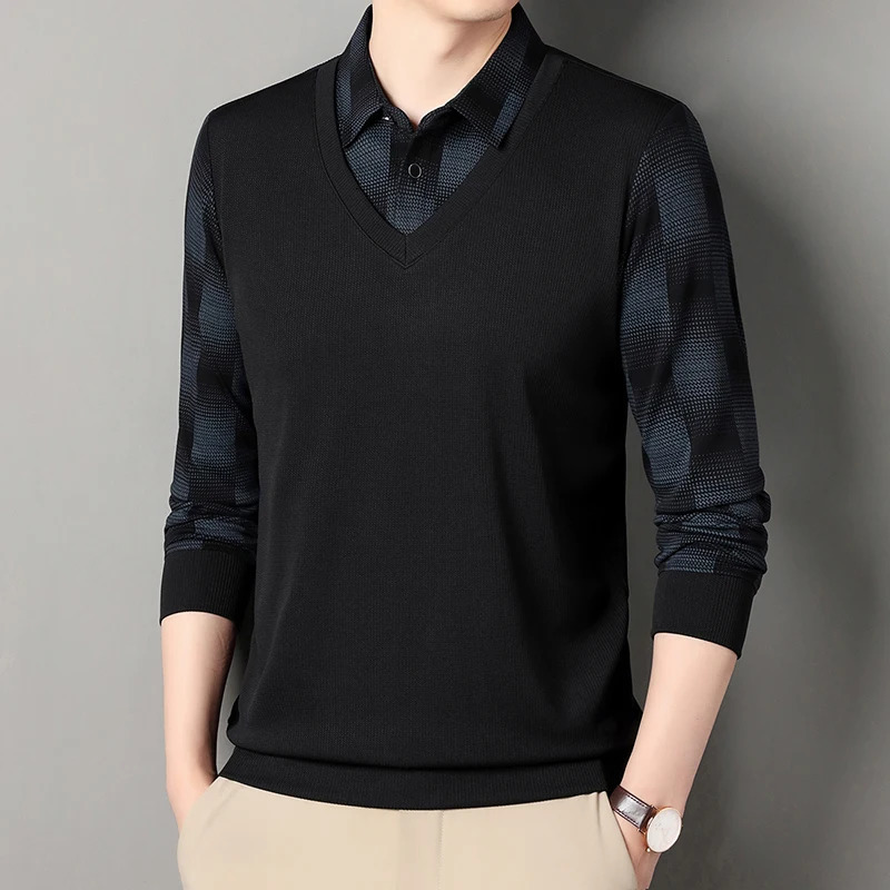 Business and leisure autumn mens lapel button print two-piece street clothing fashion long sleeved polo shirt knitted top 250103