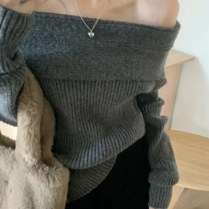 Slash Neck Sweaters Women Gray Solid Allmatch Off Shoulder Casual High Street Niche Warm Knitted Soft Spring Autumn Pullover 250103