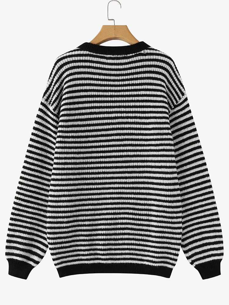 Women Striped Pullovers Autumn Round Neck Off Shoulder VONDA Long Puff Sleeve Knitted Sweater Casual Solid Fashion Jumpers 250103