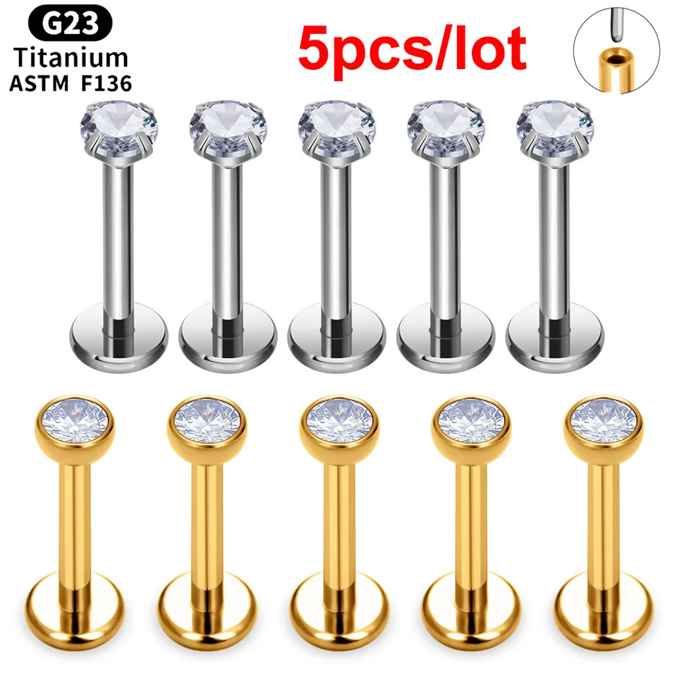 5pcs/lot G23 Threadless Push Pin Labret Stud CZ 16G 18G Cartilage Earring Helix Tragus Nose Stud Lip Piercing Jewelry 250103