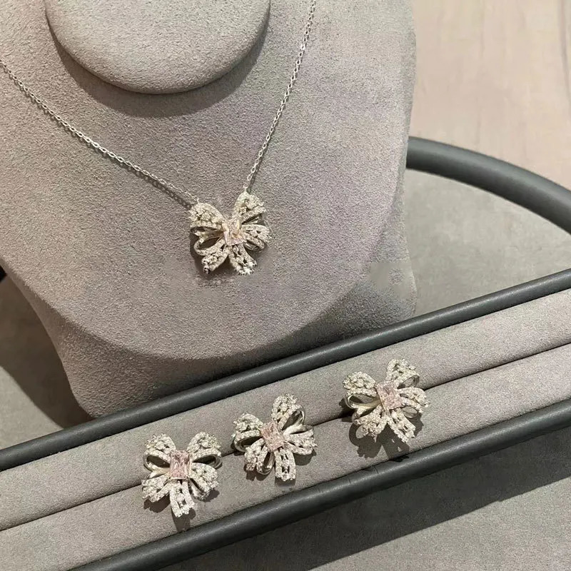 Japanese and Korean Zircon Bow Womens Jewelry Set Ring Temperament Versatile Earrings Necklace Three Piece Set 250102
