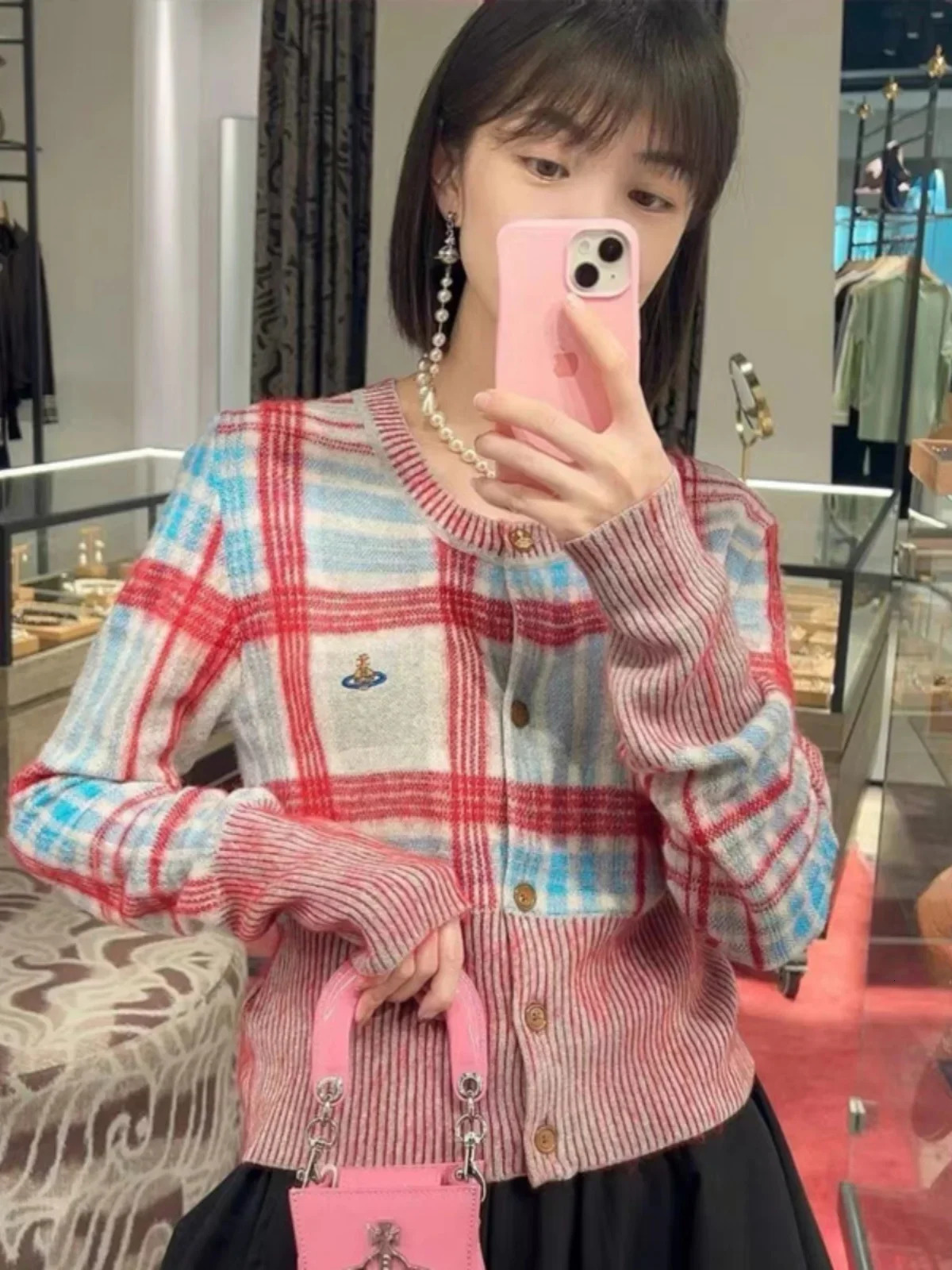 High Quality Fashion Punk Style Cardigan Slim Fit Sweater Warm Winter Clothes Planet Embroidery Plaid Knitwear Outerwear Women 250102 - view 6