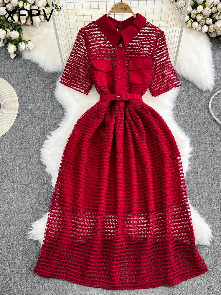 XFPV Elegant Pockets Lapel Collar Slim Pockets Dress Women Leisure Perspective Belt Vestido 2025 Summer Fashion SM6666 250103