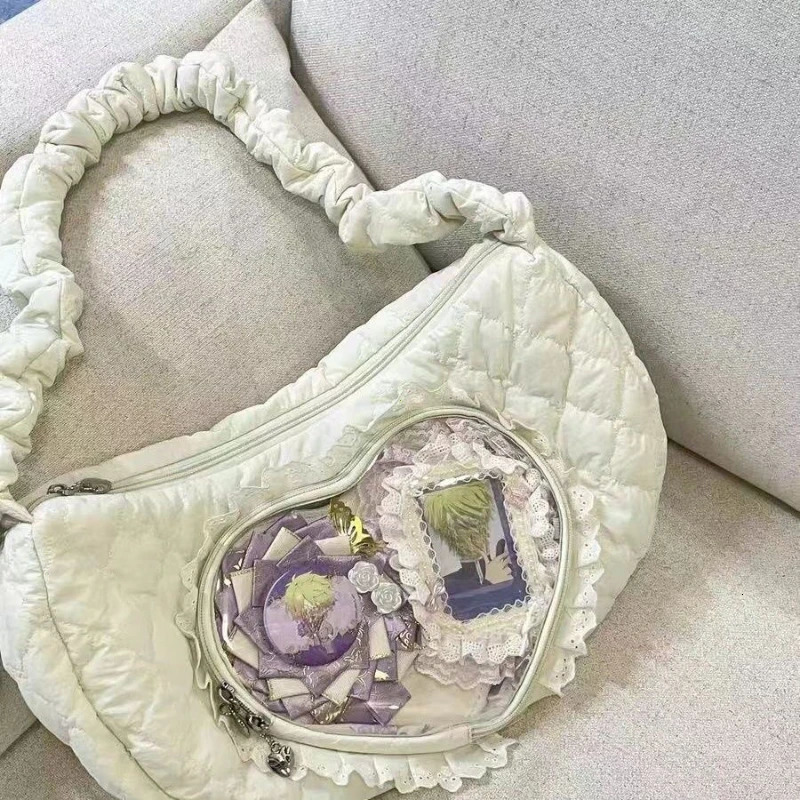 Pink Cute Womens Shoulder Bag Pleated Love Heart Lolita Jk Ita Bag Drawstring Ballet Style Sweet Fashion Female Handbag 250103