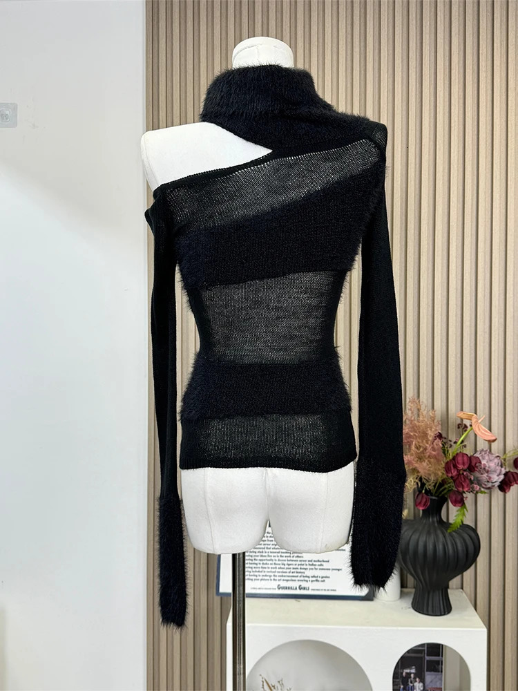 Winter Women Old Money Long Sleeve Cuddly Turtleneck Sweater Knitwear 2000s Jumper Korean Fashion Off Shoulder Gyaru Coquette 250103