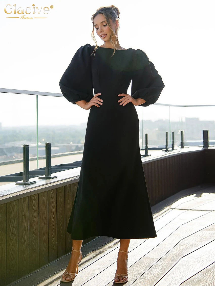 Clacive Fashion Slim Blue Office Womens Wear 2025 Elegant O-Neck Long Sleeve Midi Dress Casual Classic High Waist Womens Wear 250103