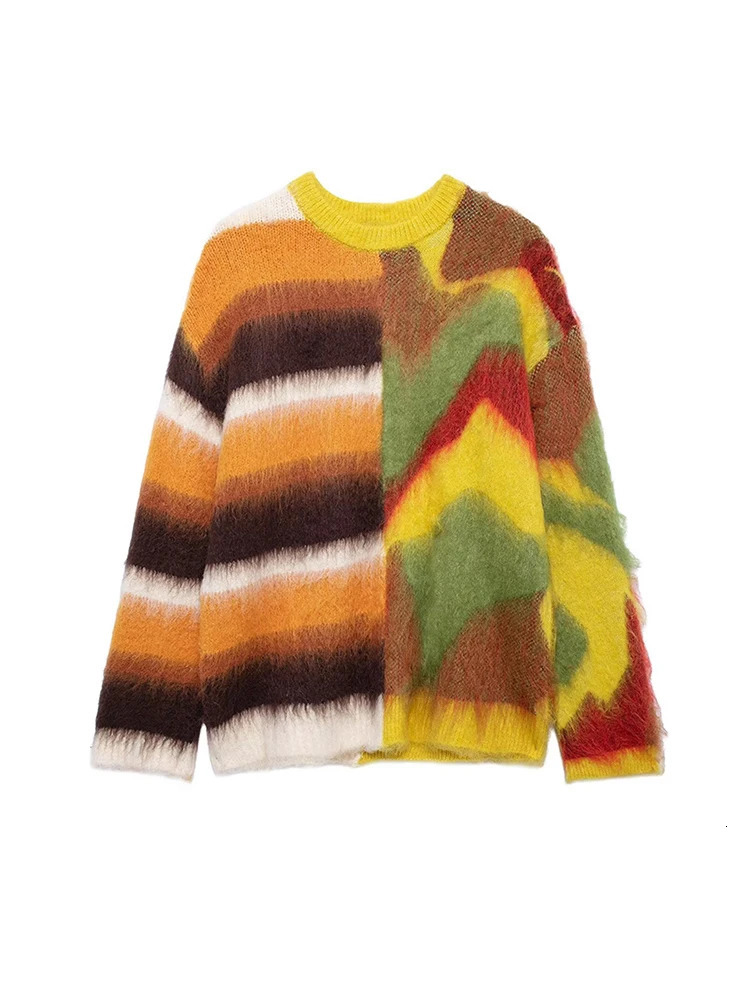 Mohair Plaid Contrast Women Sweater O Neck Full Sleeve Lady Cardigan Fashion Autumn Loose Singlebreasted Female Knitwear 250103