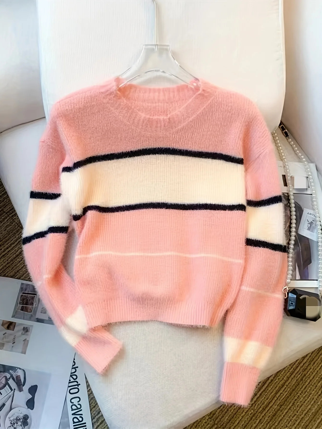 Winter Color Block Crew Neck Pullover SweaterCrop Top Casual Long Sleeve Drop Shoulder Sweater Womens Clothing 250103