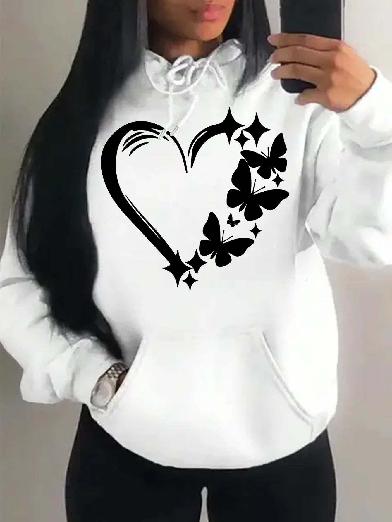 Combination Of Love And Butterfly Pattern Sweater Women Hip Hop Street Hoodies Trendy Pocket Clothes Vintage Multicolor Hoody 250106