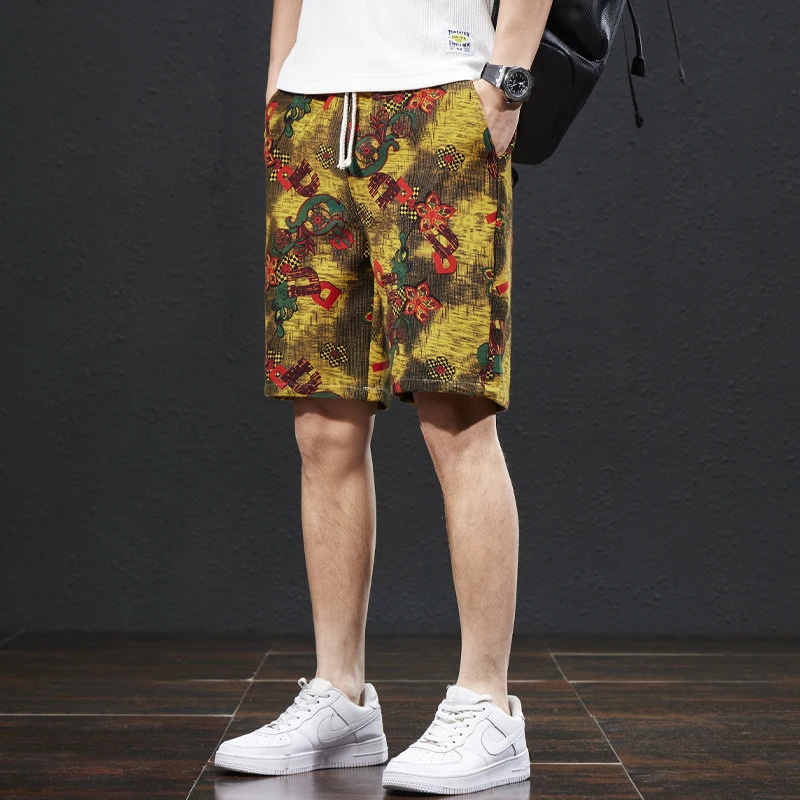 Summer Chinese Style Printed Beach Pants Mens Loose Trendy Capris Street Leisure Outdoor Shorts 250103