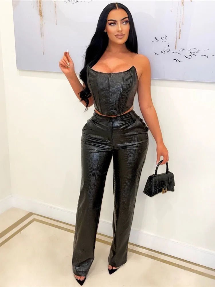 iDress Womens Green Corset Cut-Out Cargo Sexy Sleeveless Jumpsuits PU Leather Matching Set Sexy Clubwear 2 Piece Outfits 250106