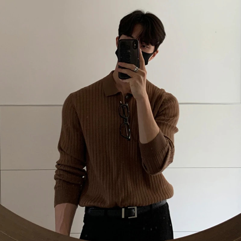 Autumn clothing mens fashion knitted long sleeved polo shirt lightweight solid color premium lapel casual Pullover Knitwear 250103