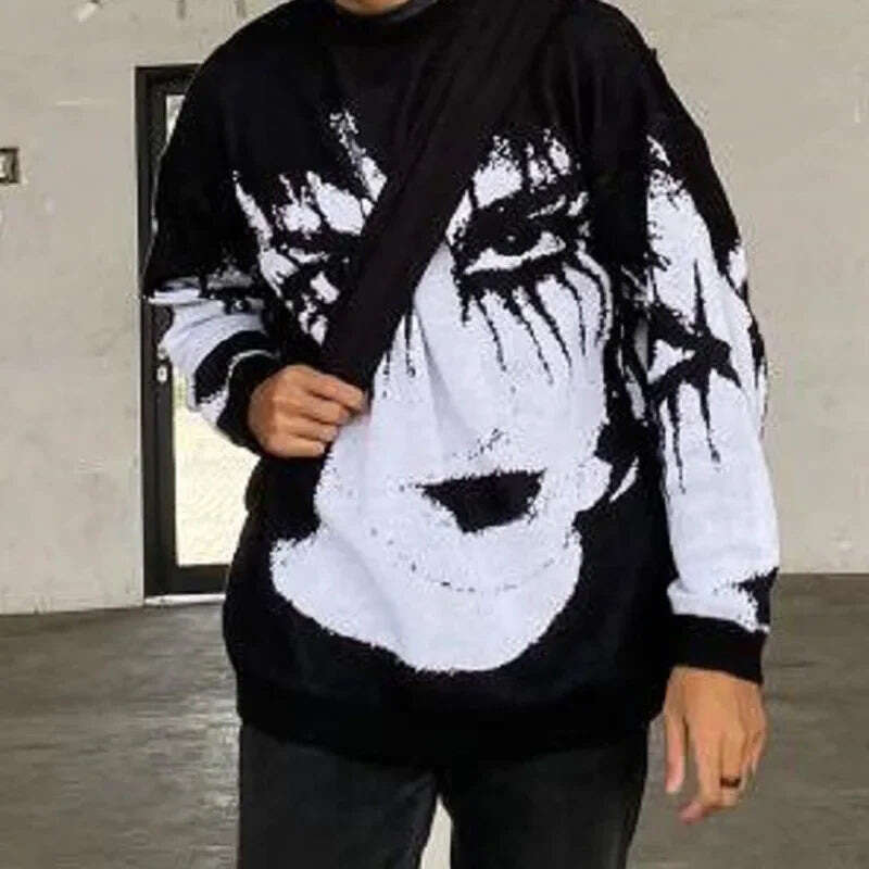 Knitwear Portrait Jacquard Pattern Round Neck Long Sleeve High Street Loose Sweater Dark Style