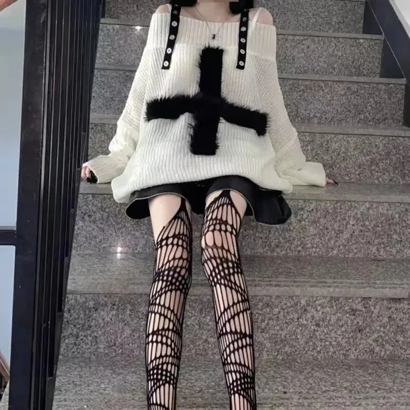 Karrram Harajuku Punk Knitwear Women Off Shoulder Belted Thin Sweater Cross Fur Patch Autumn Loose Gothic Y2k Pullover 250103