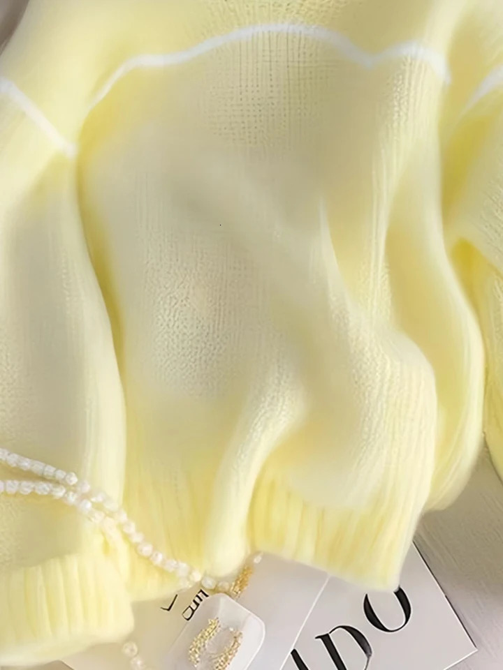 Zoki Fashion Yellow Sweet Sweaters Women Casual Loose Elegant Knitted Jumpers Korean Long Sleeve O Neck Patchwork Pullovers 250103