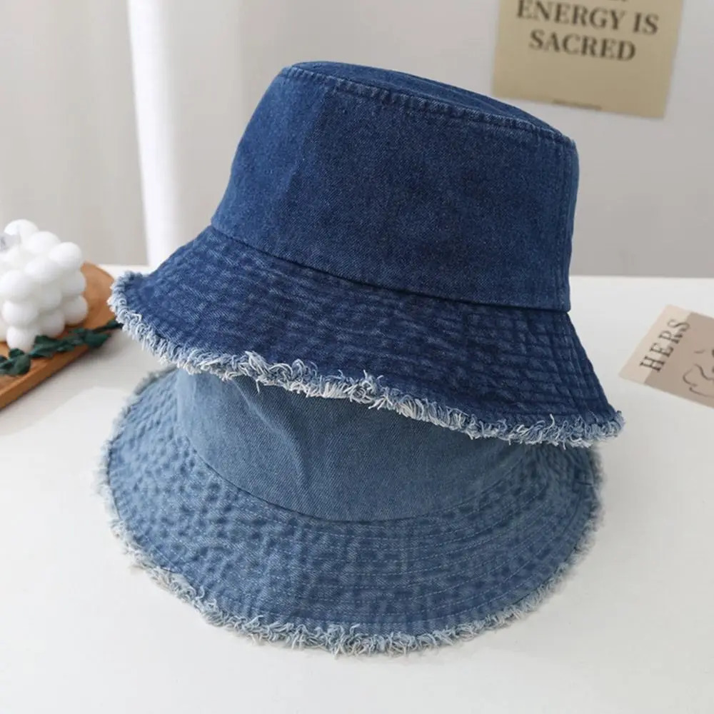 Sunscreen Hat Solid Color Fur Denim Fisherman Hat Denim Style Men Women Bucket Hat Fringed Edge Summer Vintage Bob Hat 250106