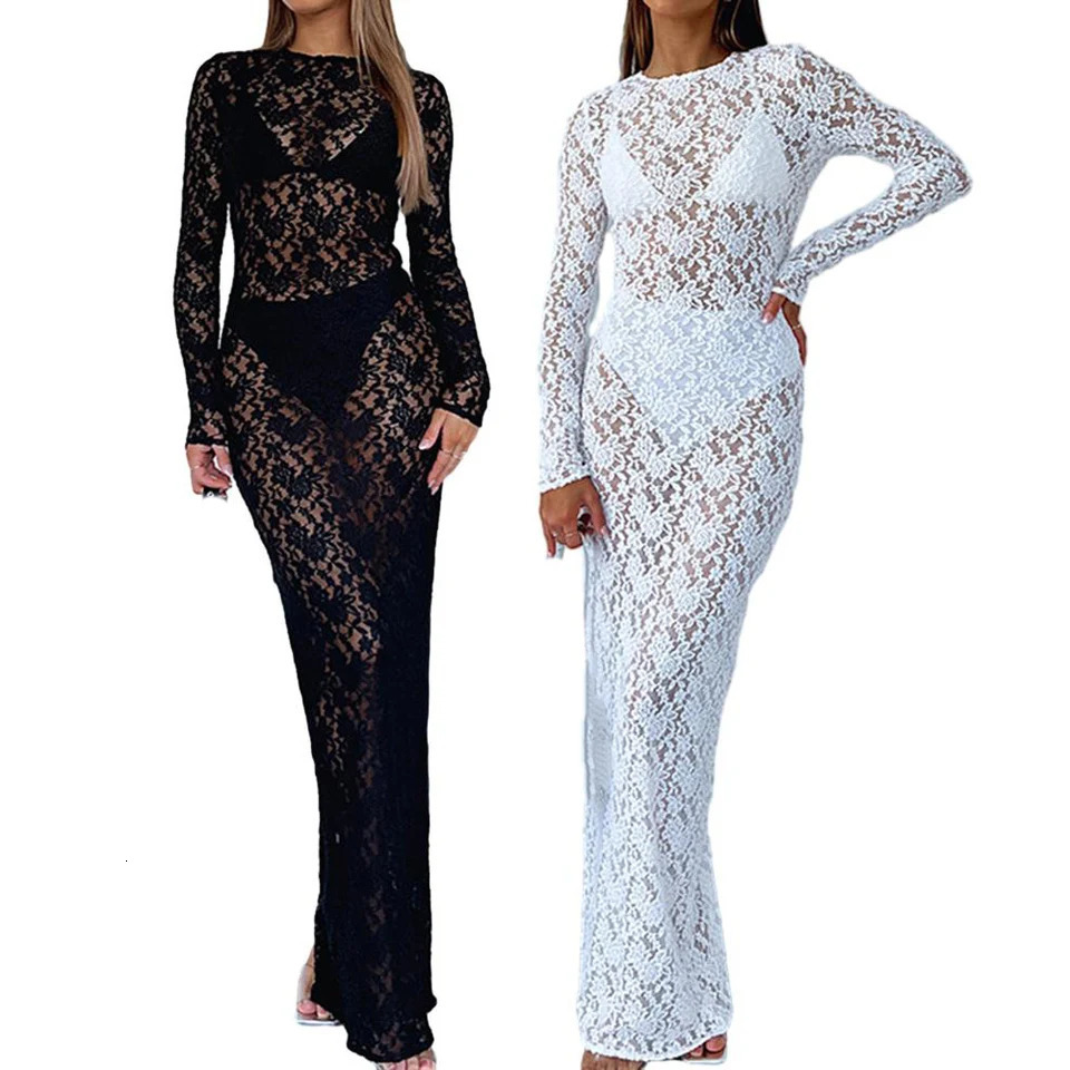 Women Print Lace Long Sleeve Comfortable Sexy Bodycon See Through Breathable Maxi Hollow Out Solid Color Dress Party Y2K Lady 250103