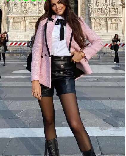 CNACNOO Women Elegant Pink Texture Double Breasted Tweed Blazer Long Sleeve Pockets Coats Female Fashion Streetwear Tops