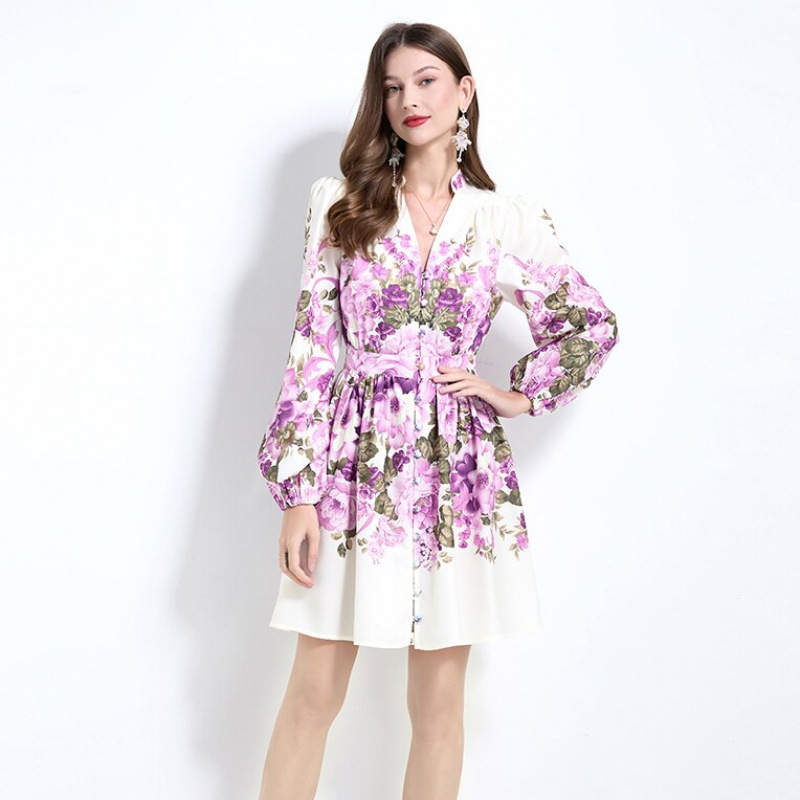 Vacation Style Flower Linen Mini Dress Lantern Long Sleeve V-neck Button Down Retro Print Designer Runway Women Short Dresses Cardigan Slim A-line Lad