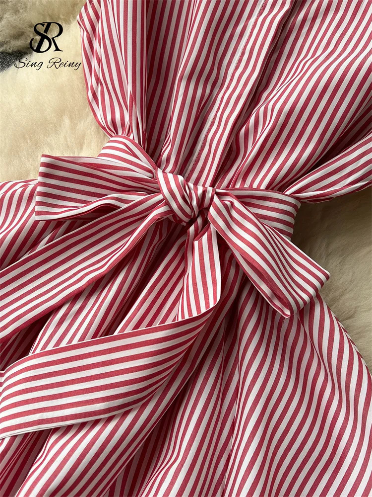 SINGREINY Office Lady Stripe Sundress Covered Button Belt Bow Short Sleeves Women Gentle Korean Style Summer Casual A Line Dress 250103
