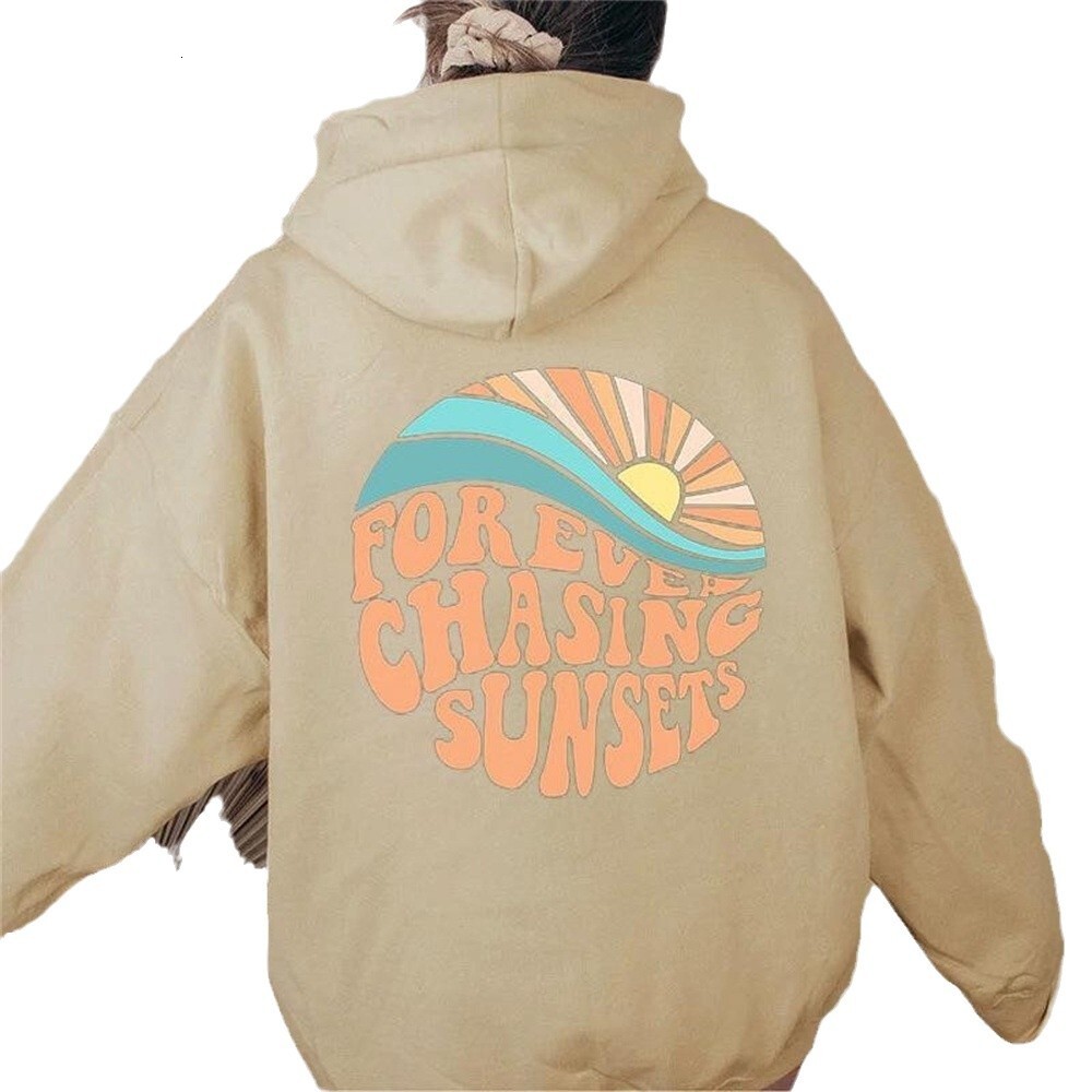 2024 American Velvet Always Chases The Sunset Kangaroo Pocket Drawstring Printed Hoodie