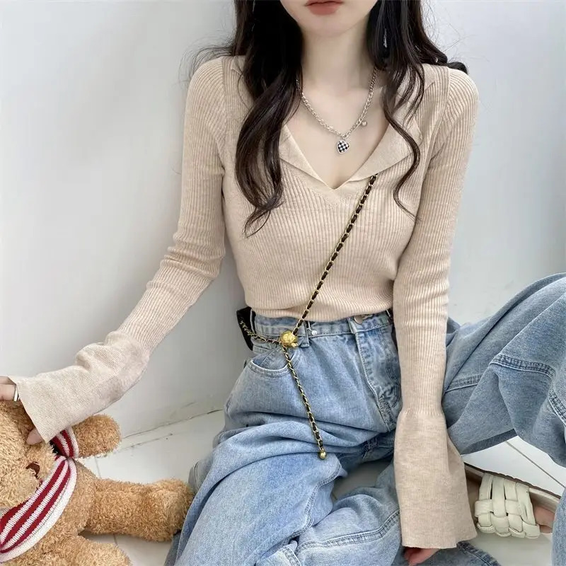 Clothing long sleeved polo neck womens knitted top plain weave cute T-shirt womens polyester summer sales V 250103