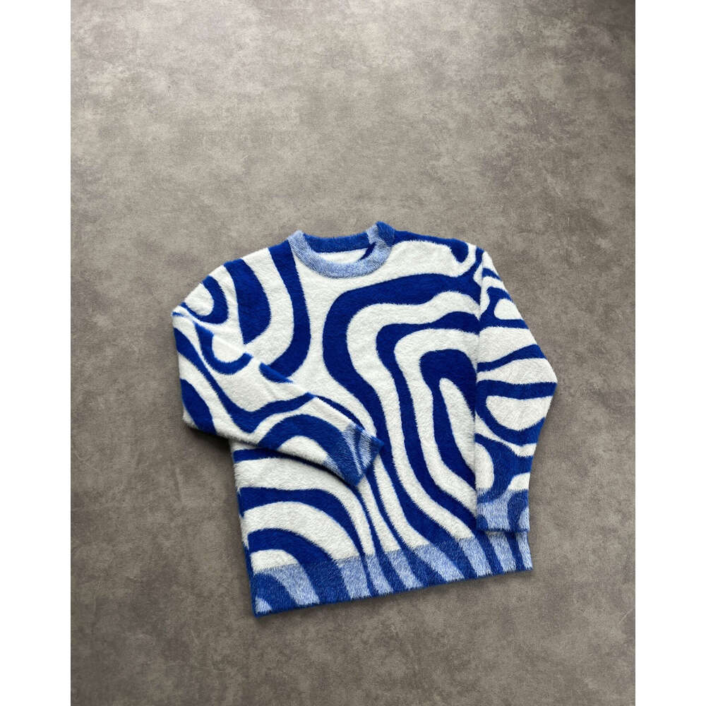 Ins knitted striped pattern jacquard round neck long sleeved high street loose sweater y2k