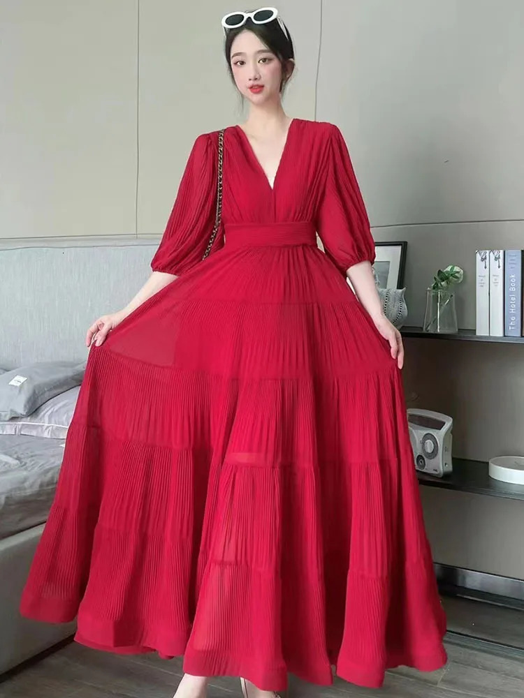 XFPV Elegant Solid Puff Sleeve Folds Long Dress Women Temperament Ruffles Hem Ruched Vestido Female 2025 Summer SM7067 250103