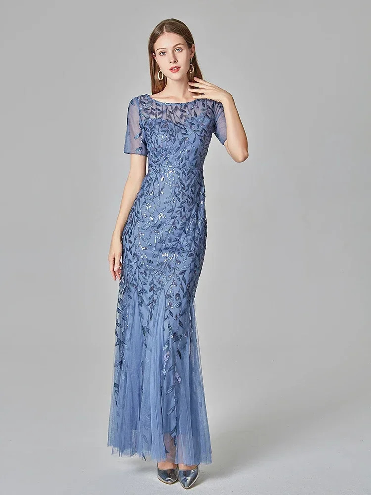Plus size womens evening dress with fish tail short sleeved lace decal chiffon patchwork personalized long party evening dress 250103