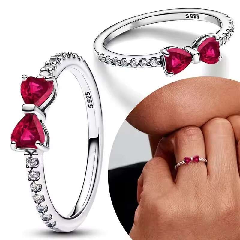 2025 New Anniversary Red Bow Hot Sale Sterg Sier Round Ring With Colorful Crystal Heart Rings For Women Valentine's Birthday Gift DIY Jewelry