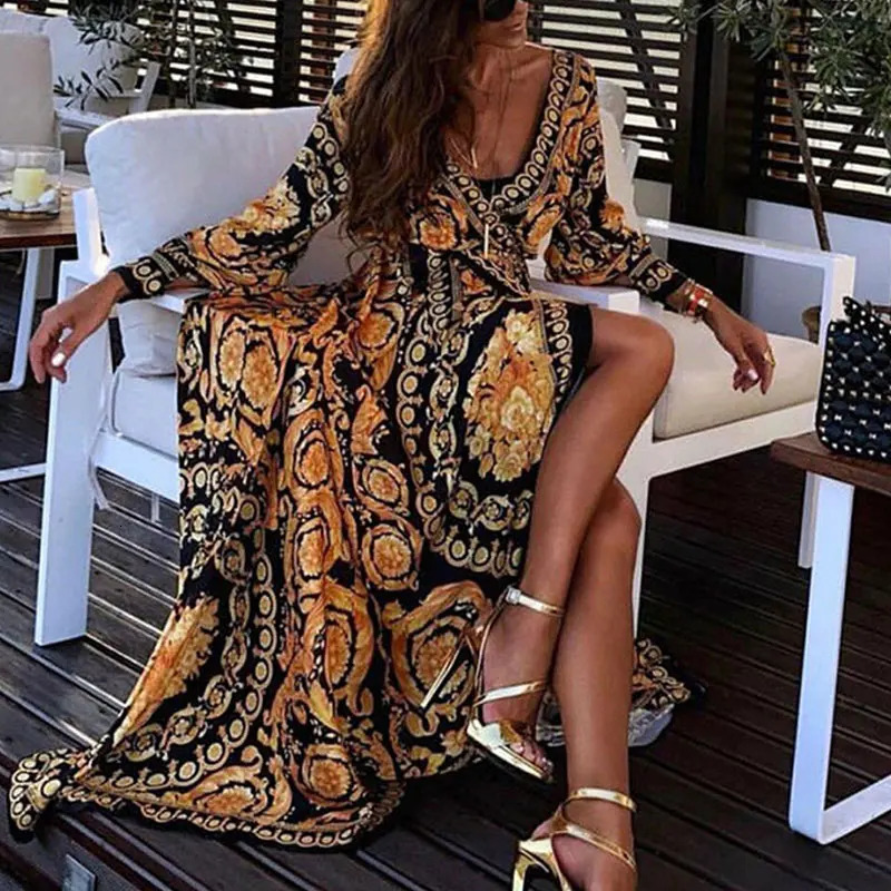 Womens Bohemian V-neck Printed Sundress Summer Loose Party Beach Holiday Casual Long Dress 250103