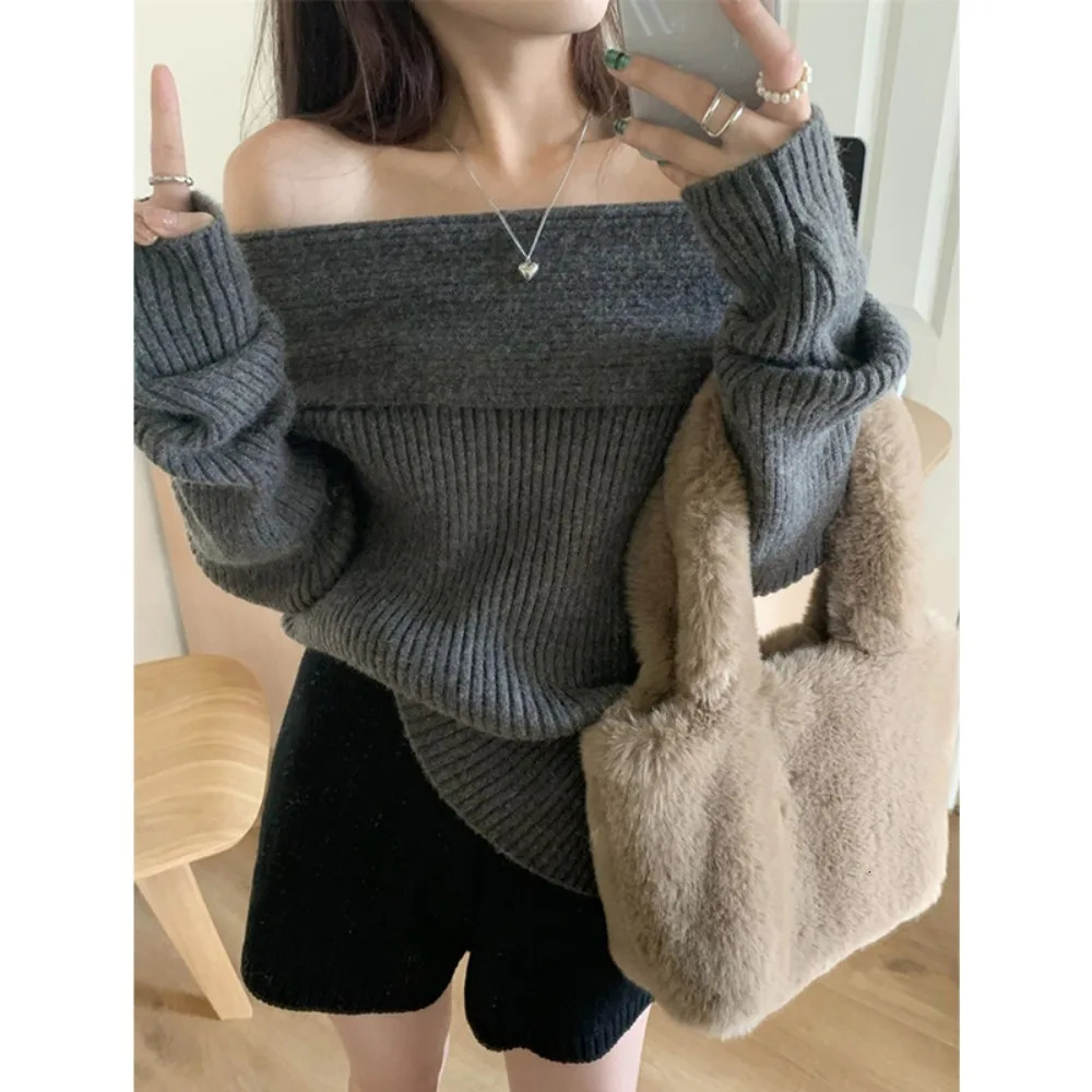 Sexy White Flatneck Sweater Base with Feminine Collarbone Offtheshoulder for Slimming Out Wear 250103