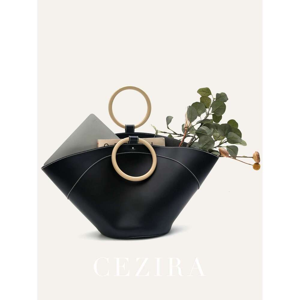 Women's Minimalist Style PU Vegan Leather Tote Fashion Oversized Double Round Wooden Handles Large Capacity Handbag Daily Purse