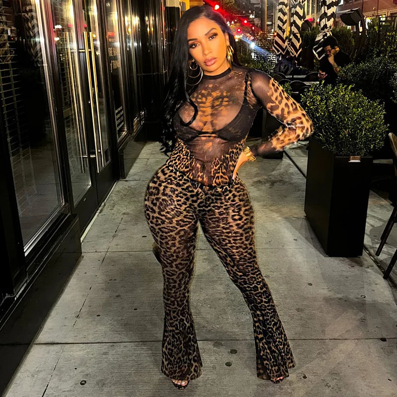 Cheetah Print Women 2 Piece Set Matching Long Sleeve O-Neck Crop Tees and High Waist Slim Pants Leopard Sets Sexy Female Outfits 250106