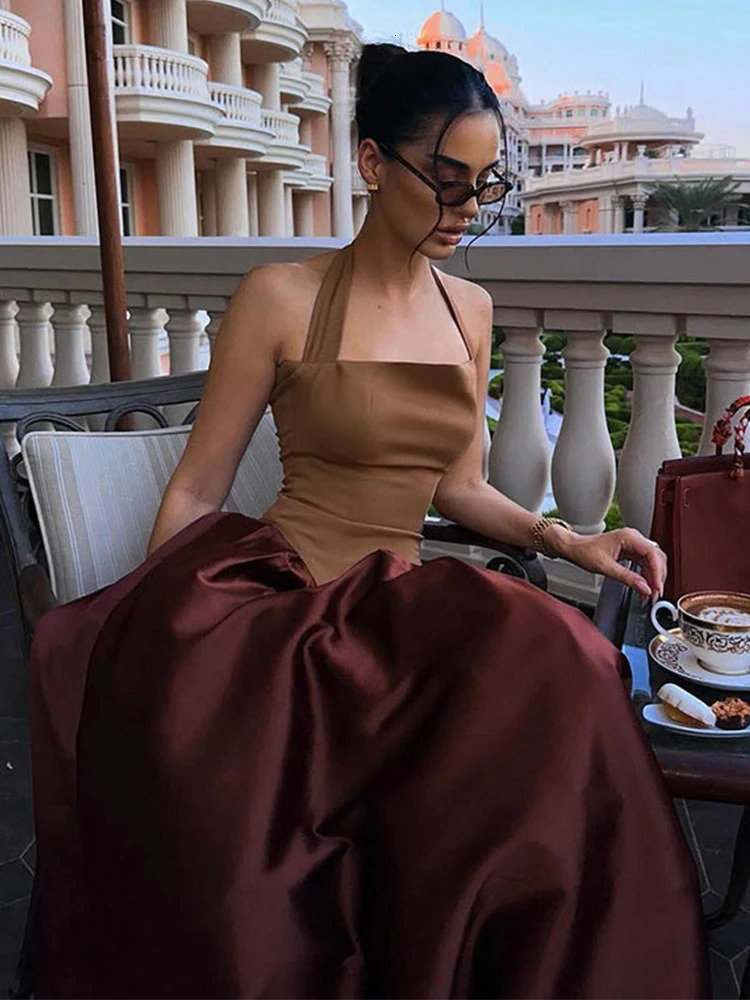 Elegant patch work dress womens strapless length A-line dress womens 2025 early spring fashion womens robe 250103