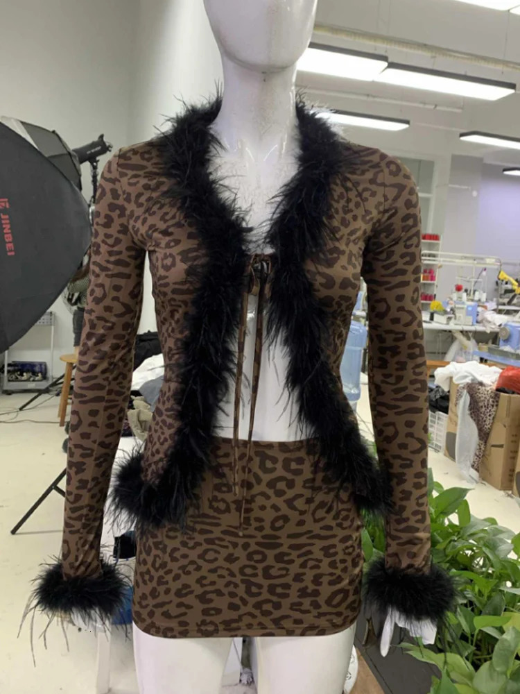 Weird Puss Leopard Print 2-piece sexy womens Y2k fur neck cardigan topmini skirt midnight club vacation set 250106