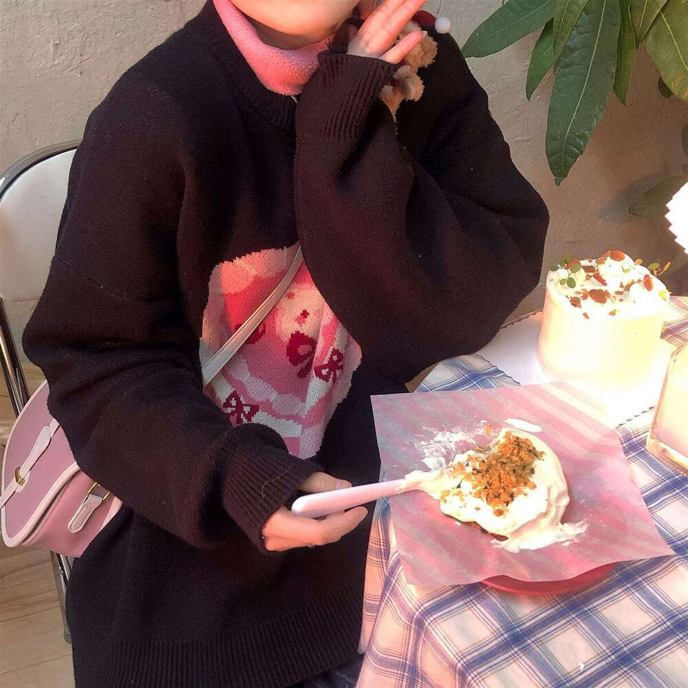 Ins knitted cake pattern jacquard round neck long sleeved high street loose sweater y2k